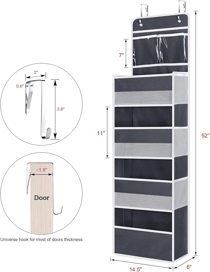 Univivi Over The Door Organizer with 6 Side Mesh Pockets, 5 Shelf Door Hanging Organizer Large Capacity Door Storage for Closet Nursery Bedroom Dorm and Baby Essential
