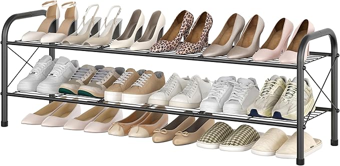 Hoctieon 2 Tier Shoe Rack for Closet, Durable Mesh Style Shoe Rack, Entryway Shoe Shelf, Shoe Storage Organizer for Hallway, Bedroom, Living Room, Wardrobe, Black