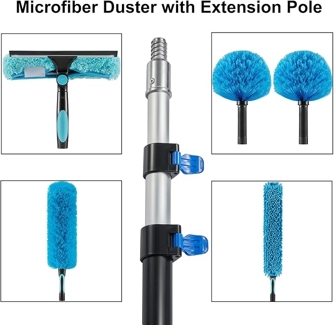 30 Foot High Ceiling Fan, Cobweb Duster with 6-24ft Extension Pole | Extendable, Reusable Feather, Window Cleaning Squeegee Kit