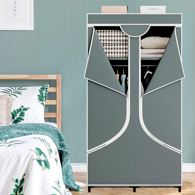 SORCEDAS Portable Wardrobe Closet Storage Organizer Metal Hanging Rack Non-Woven Fabric 34 Inch Grey