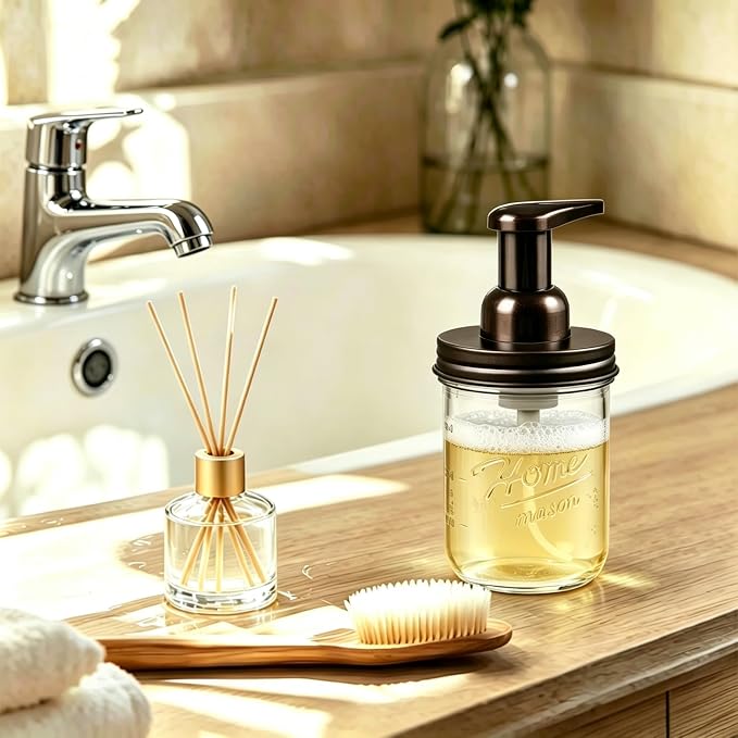 SheeChung Mason Jar Foaming Soap Dispenser, Glass Foaming Hand Soap Dispensers, Stainless Steel Lid, Refillable Foam Soap Dispenser for Bathroom Kitchen, Farmhouse Bathroom Decor (2 Pack, Bronze)