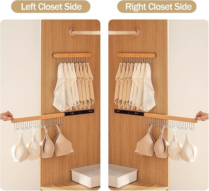 Pull Out Belt Rack for Closet, Sliding Hooks Hanger Rack for Bras Ties Tank Top Scarf Jewelry, Space Saving Organizr for Wardrobe Cabinet, Left Side 8 Hooks Rail, 2 Pcs