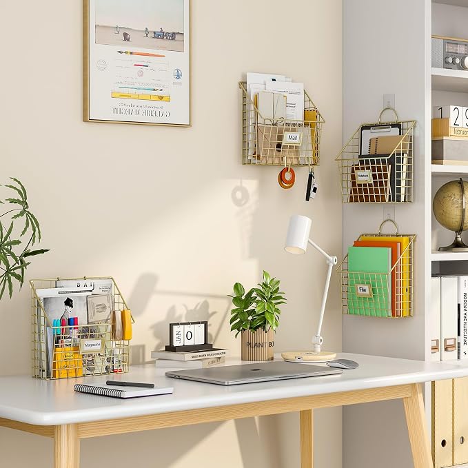 Yuzehuaza Wall File Organizer Mesh Hanging Wall Files Holder,Magazine Rack and Mail Basket with Hooks, Office Wall Organizer for Papers Folders Files Clipboard 4 Packs, Gold(Patent Pending)