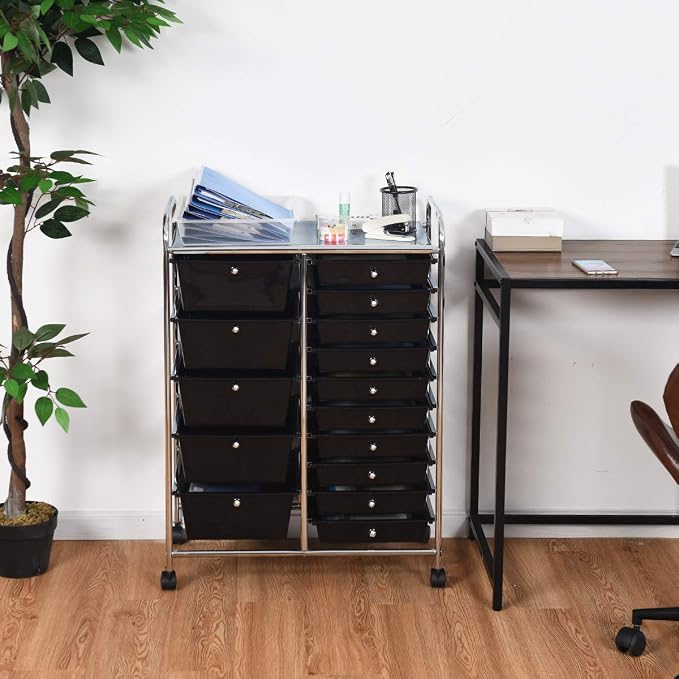 Moccha 15-Drawer Rolling Storage Cart - Under Desk Storage Drawers with wheels for Craft Art Supply Paper Salon, Scrapbook Paper Tools, Mobile Utility Cart for Classroom (15 Drawers, Black)