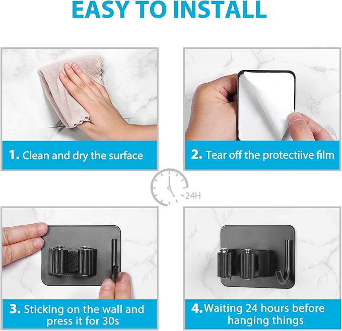 homeasy Mop Broom Holder No Drill, Mop Broom Organizer Wall Mounted Heavy Duty with Hooks Hanger, Self Adhesive Stainless Steel 4Pcs for Bathroom, Kitchen, Office (Black)