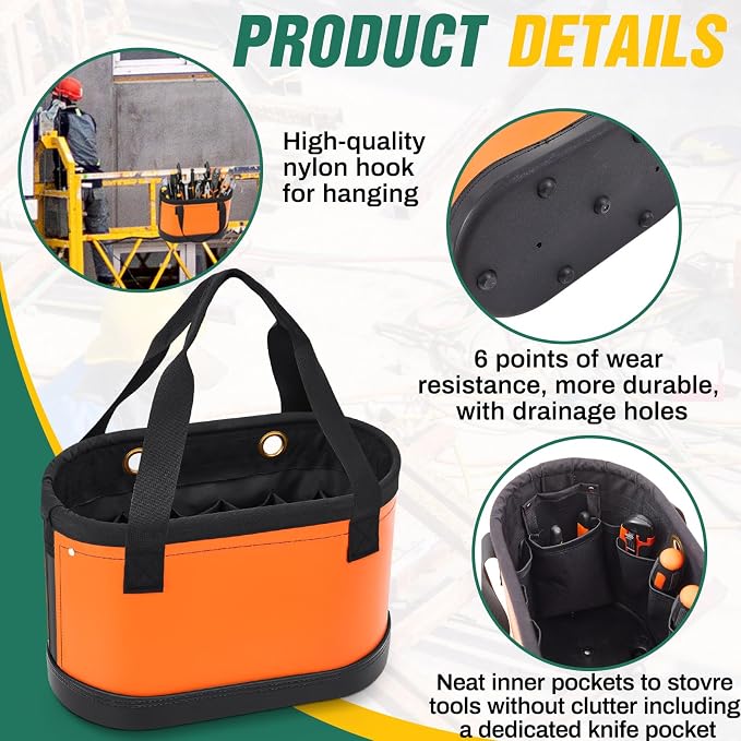 Oval Hard Bucket Tool Organizer, Utility Plastic 14 Pocket Polypropylene Tool Bucket Bag with Hook and Drain Holes for Home Garage Light Trade Lineman Tools, Without Stand