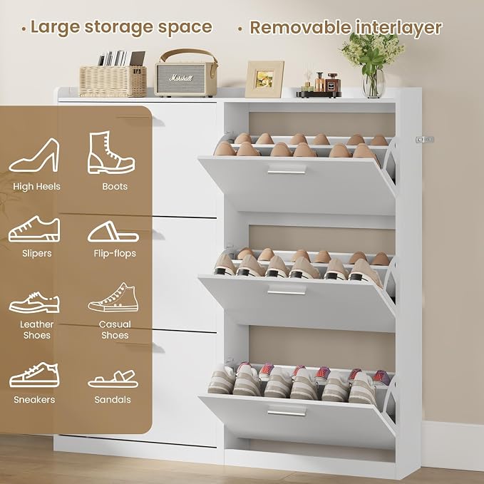 Shoe Cabinet with 6 Flip Drawers, Freestanding Shoe Rack Organizer with Adjustable Shelves, 47.2" W x 8.7" D x 47.2" H Narrow Shoe Storage Cabinet for Entryway, Foyer, Hallway, White