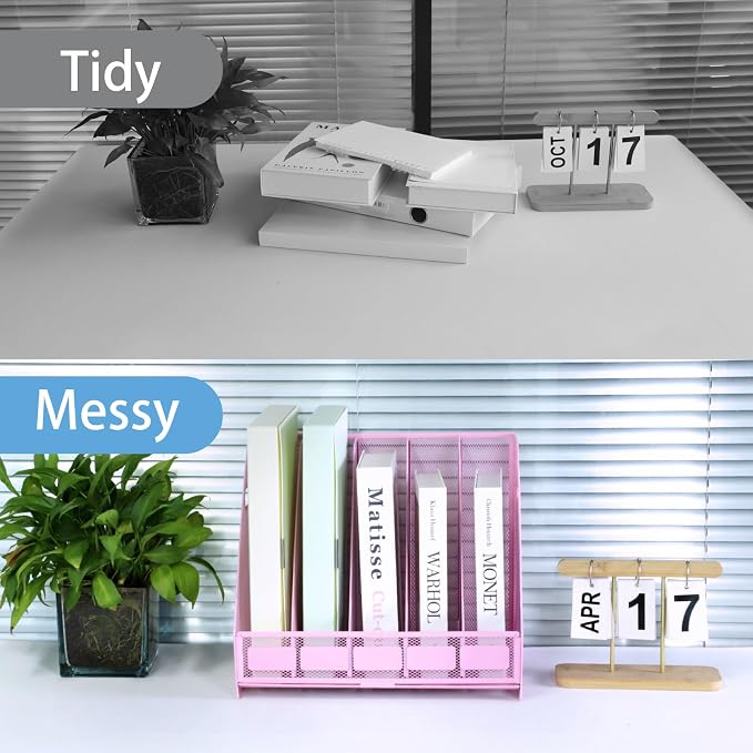 Desk Organizers Metal Magazine File Holder Racks Desktop Folder Storage Binder Organiser Document Organization for Home Office & Classroom,5 Vertical Compartments-Pink