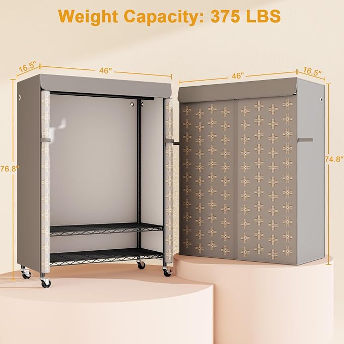 ULIFHOME Rolling Clothes Rack with Cover, Covered Clothing Rack Heavy Duty | P6C Plus Portable Closet for Hanging Clothes, Garment Rack on Wheels, Black Closet Rack with Pattern Cover, Max Load 375LBS