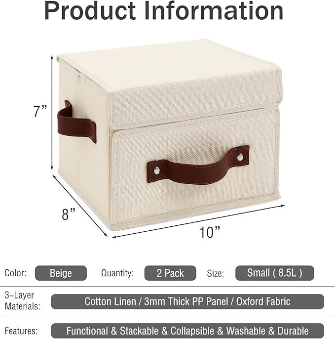 2PCS Storage Bins Box with Lids Front Opening Window Decorative Cotton Linen Fabric Basket PU Leather Handles PP Board Foldable Washable Shelf Closet Organizer Container (Beige, Small)