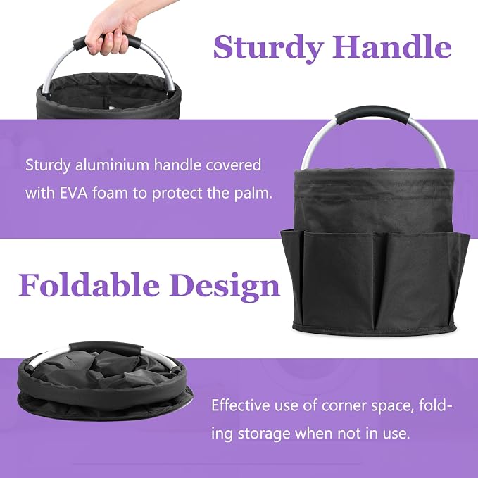 2Pcs Collapsible Cleaning Caddy with Handle, 17L Foldable Cleaning Supply Caddy, Bucket Tool Organizer in 600D Oxford Fabric, Multifunctional Storage Basket for Cleaning, Traveling, Black