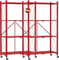 DEANIC 4 Tier Foldable Storage Shelves with Wheels, Large Capacity Shelving Unit, Freestanding Metal Wire Shelf Rack, No Assembly Organizer Rack for Garage Kitchen, Basement, Pantry(Red Pack of 2)