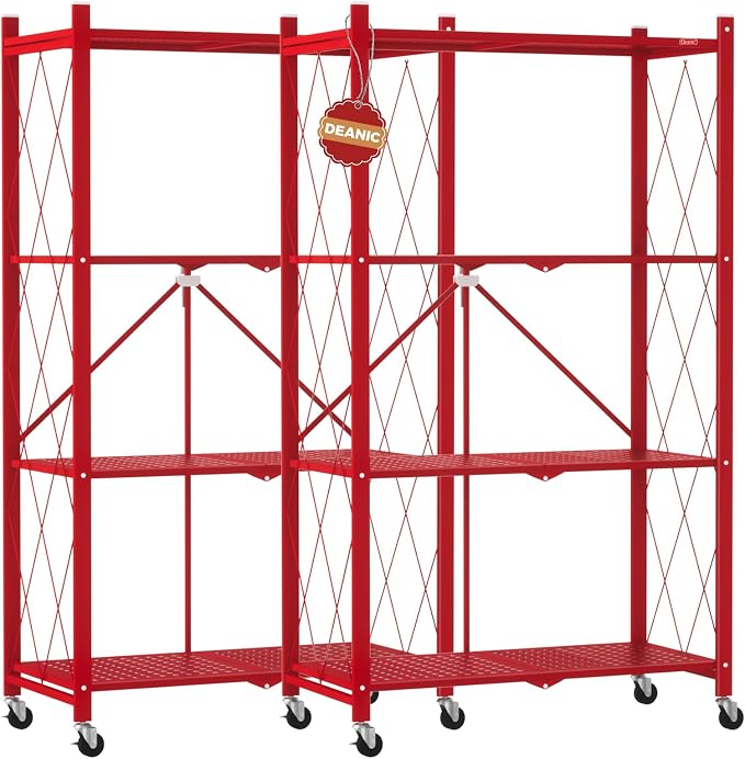 DEANIC 4 Tier Foldable Storage Shelves with Wheels, Large Capacity Shelving Unit, Freestanding Metal Wire Shelf Rack, No Assembly Organizer Rack for Garage Kitchen, Basement, Pantry(Red Pack of 2)