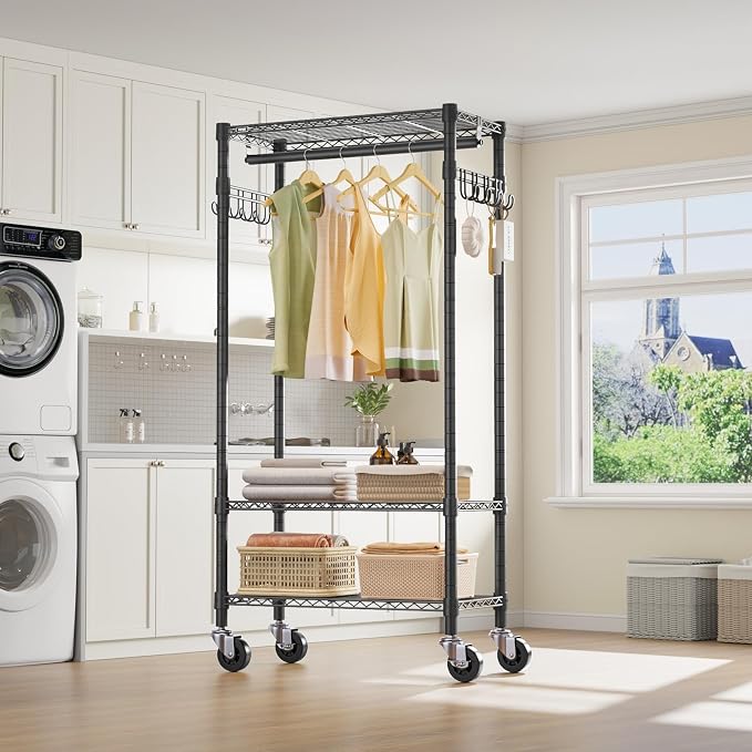 VIPEK R3 Medium Rolling Clothes Racks with Lockable Wheels, Heavy Duty Garment Rack with Adjustable Shelves & Hanging Rod & Side Hooks, Compact Space-Saving Storage for Small Apartments/Dorms (Black)