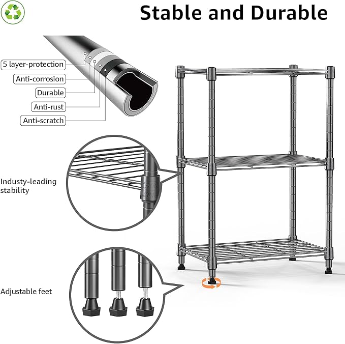 M MZG 450 lbs Steel Storage Shelving 3-Tier Utility Shelving Unit Steel Organizer Wire Rack for Home,Kitchen,Office (11.8" D x 17.7" W x 26.3" H)