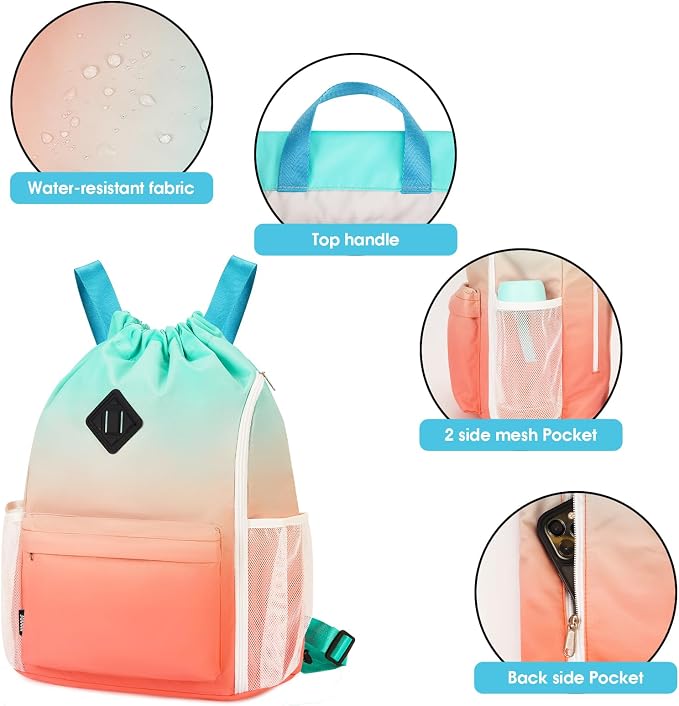 WANDF Drawstring Backpack with Shoe Compartment, Sports Gym Bag | Multi-Pocket Storage, Water-Resistant Fabric, Cinch String Bag