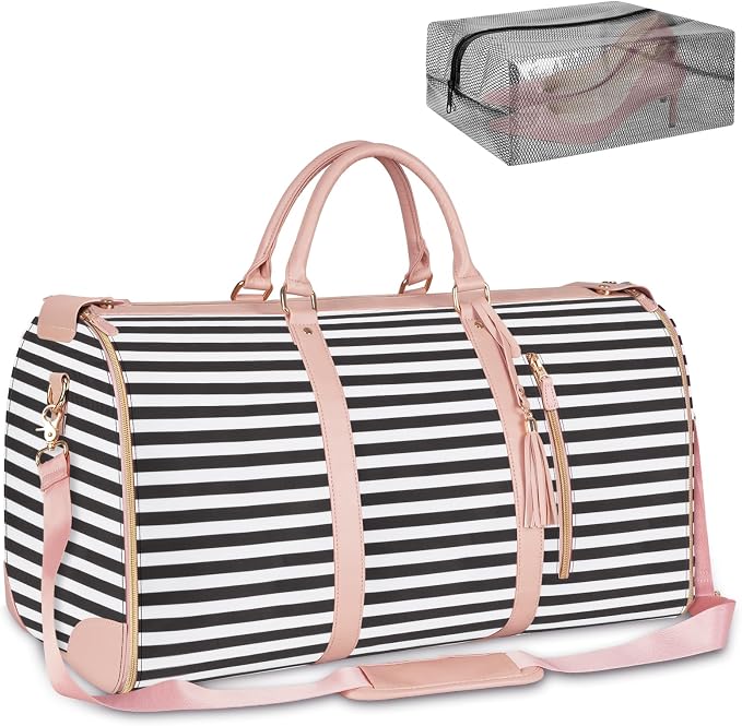Ytonet Carry On Garment Bag, Large Hanging Duffle Bag for Women, PU Leather Waterproof Bags Travel with Shoe Pouch - 2 in 1 Suitcase Suit Bags, Black and White Stripe