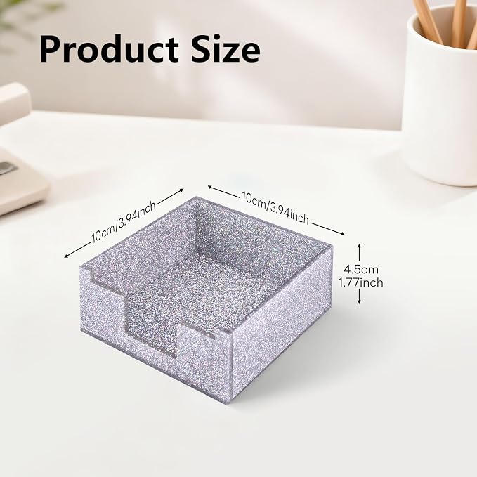Acrylic Sticky Note Holder 4x4in Tray for Desk, Silver Glitter | Sparkling glitter acrylic tray, fits 3x3 sticky notes, compact organizer for office school and home