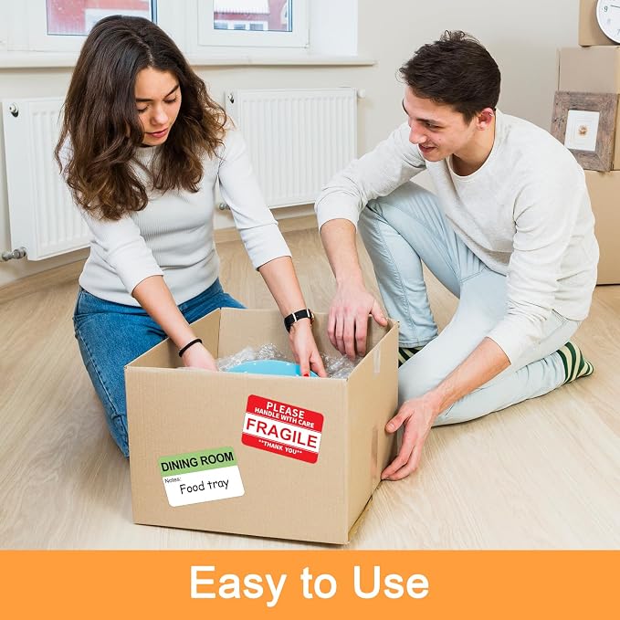 600 Writable Stickers 2” x 3” Each,20 Designs Pre-Printed Color-Coded Home Moving Packing Box Labels with Fragile, Extra, Heavy Labels