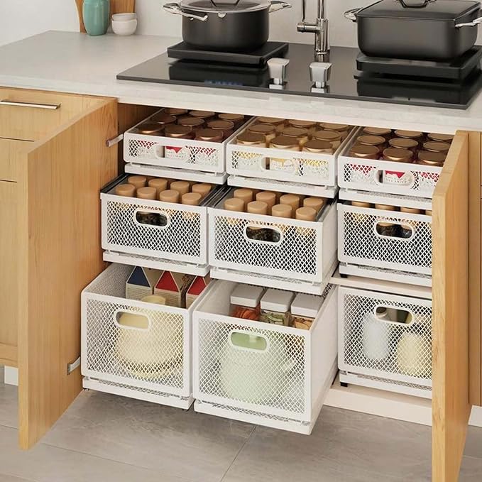 Slide-Out Storage Baskets W9.4"xD11.8"xH6.1" Rustproof Carbon Steel pull out Organizers with Super Strong Adhesive for Home Kitchen Drawers, Shelves, Cabinets