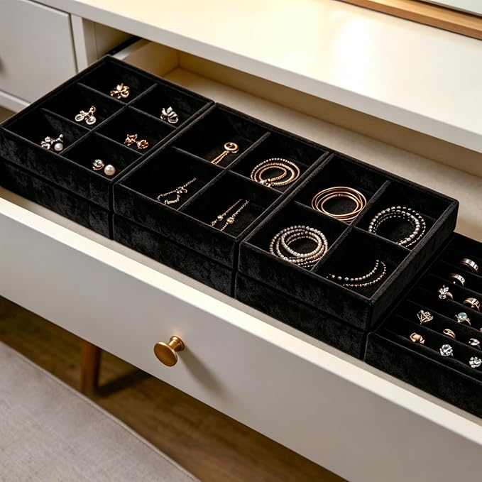 Small 8-Piece Velvet Jewelry Drawer Organizer Inserts Stackable Trays | 4.8in velvet trays with removable dividers, fits jewelry boxes & narrow drawers, stackable for earrings rings makeup storage