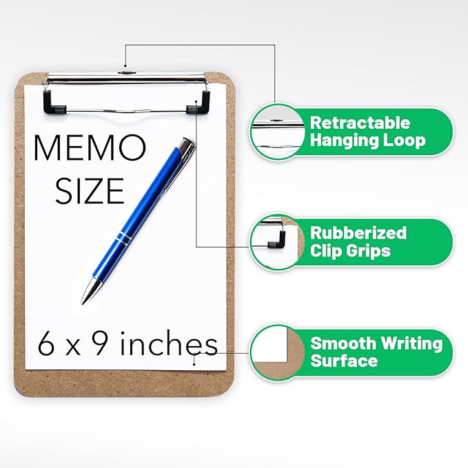 Mini Clipboard 6" x 9" (Set of 12) Memo Clipboard | Small Clipboards 6x9 with Low Profile Clip, Mini Clipboards 6x9, Little Clipboards Half Size | Office, Teacher, Classroom & Back to School Supplies