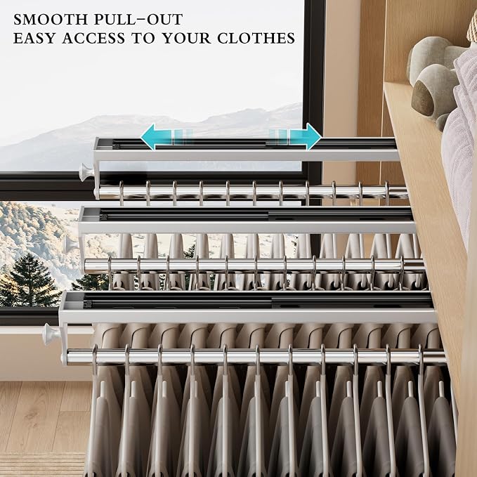 Pull Out Closet Valet Rod, Heavy Duty Adjustable Closet Rod, 13.7inch Telescopic Pant Rack, Space Aluminum Clothes Hanger Rail, Closet Storage Organizer for Trousers Clothes White