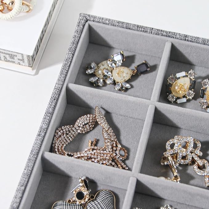 Stackable Jewelry Organizer Tray For Drawers,White Leather Small Earring Storage Tray,Bracelet And Necklace Display Box,Jewelry Ring Display Case (Gray 12 Grids)