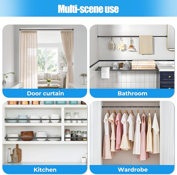 Spring Tension Curtain Rods 28-48 Inch Black 4 Pack | No-drill & tool-free setup. Fits windows, kitchens, doorways. Rust-resistant, great for light curtains.