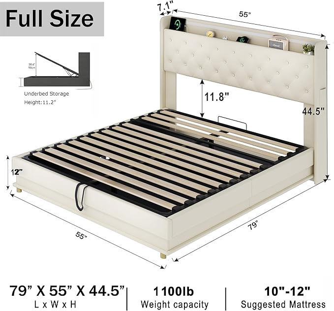Ailisite Full Size Lift Up Storage Bed, Upholstered Platform Bed with Button Tufted Wingback Storage Headboard, Bed Frame Full Size with Led Lights and Charging Station, No Box Spring Needed, Beige