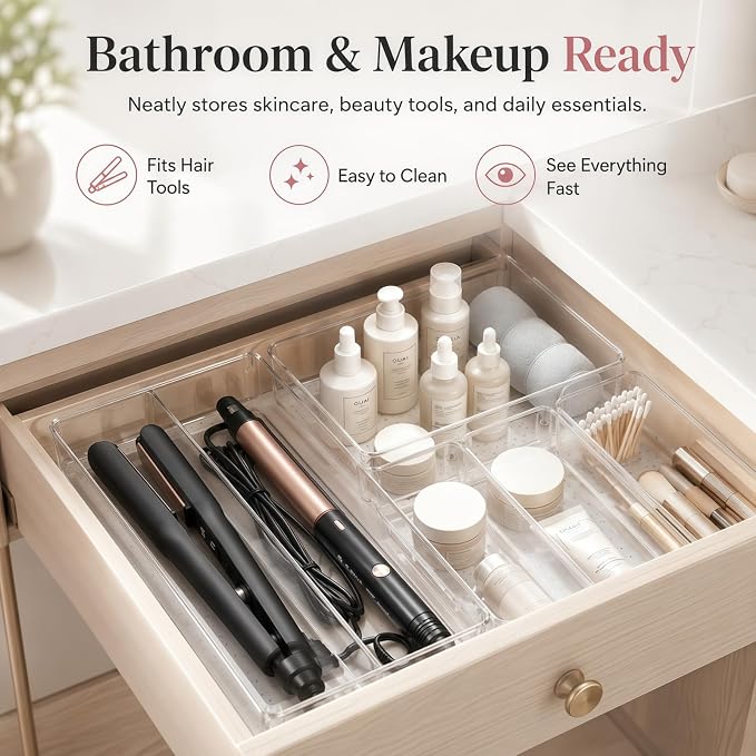12 Pack Large Drawer Organizer Bins - Clear Plastic Bathroom Drawer Organizer Trays - Heavy Duty Kitchen Drawer Dividers for Utensils - Non-Slip Storage Bins for Makeup, Bedroom, Office Desk