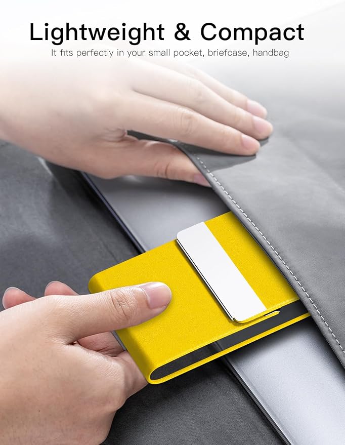 Padike Professional Business Card Holder PU Leather Business Card Case Name Card Holder Slim Metal Pocket Card Holder with Magnetic Shut (Y-Yellow)