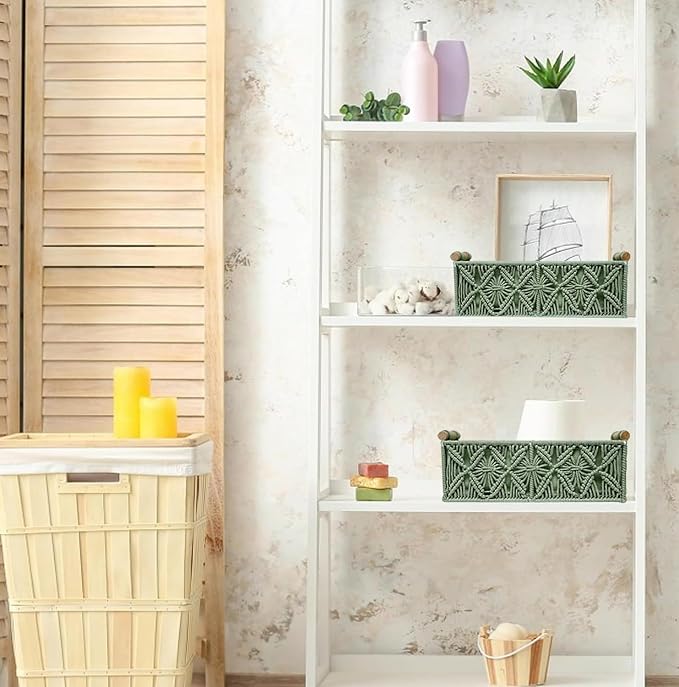 HOSROOME Macrame Boho Decor Baskets for Organizing Woven Decorative Basket for Countertop Toilet Paper Basket for Tank Top for Home Decor Bedroom Nursery Livingroom Entryway (Set of 2,Green)