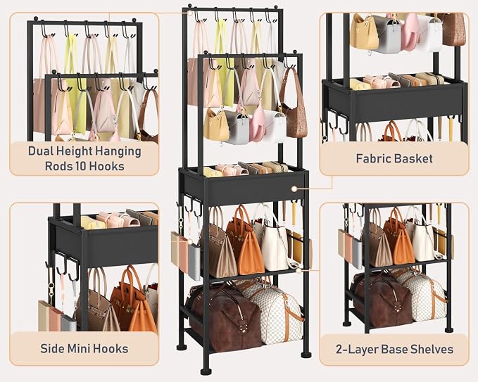 DIMJ Purse Organizer for Closet - Floor-standing Handbag Organizer Rack with 16 Hooks, Purse Storage Shelf Stand for Handbags, Totes, Wallets, Scarves, Bedroom Entryway and Walk-in Closet, Black