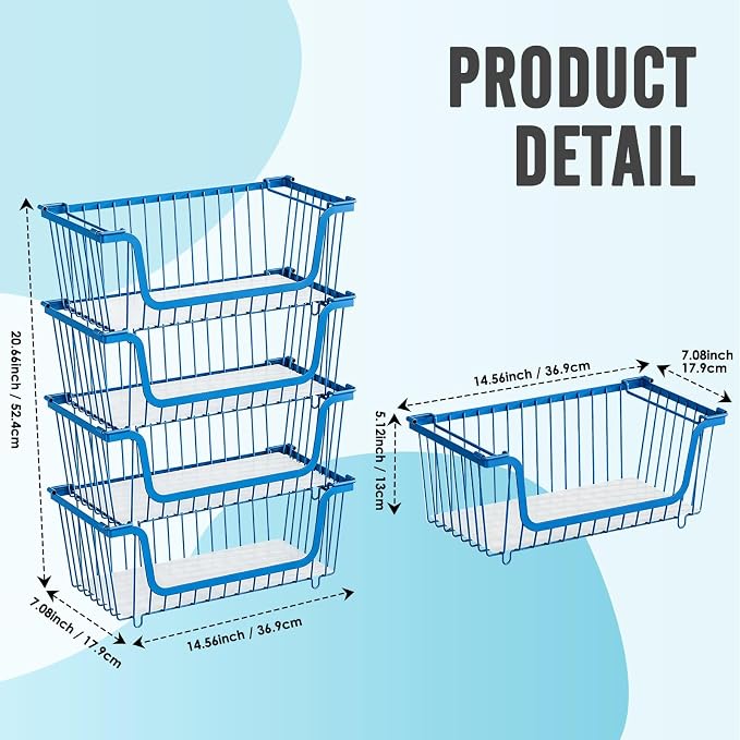 GAOKASE 4 Pcs Stackable Wire Baskets for Pantry Organizers and Storage,Vegetable Fruit Basket for Countertop,Kitchen Storage Metal Baskets,Produce Potato Onion Storage Bin,blue