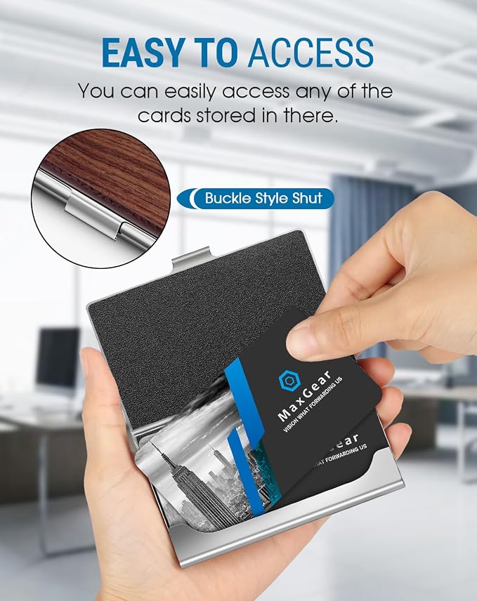 MaxGear Stainless Steel Business Card Holder, Slim Card Case, Walnut Wood | Soft Interior Lining, Buckle Closure, Fits Standard Business Cards and Credit Cards
