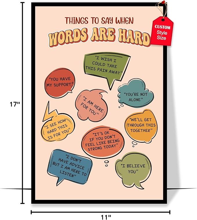 LOLUIS Mental Health Poster, Boho Therapy Tools Educational Supplies Art Print Classroom School Office Decor (Things To Say When Words Are Hard, Custom Frame Type)