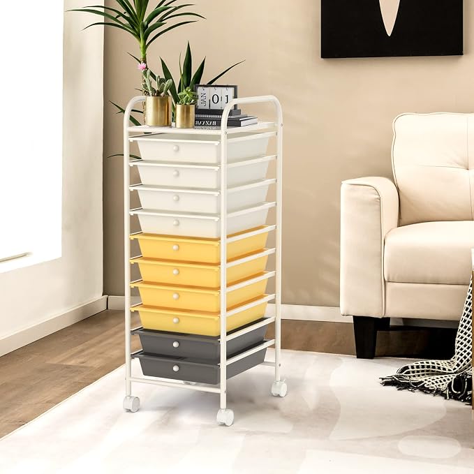 DREAMADE Rolling Cart with Storage Drawers, Utility Cart with Removable Plastic Drawers, Lockable Wheels, Art Cart for Classroom Organization Art Supplies Office Scrapbook (10 Drawers, Yellow)