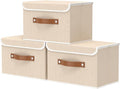 OUTBROS Large Fabric Storage Box with Lid, Collapsible Wardrobe Organiser, Linen Cubes For Towels, Clothes, 13 x 9.1 x 7.9 inch (Beige, 3-Pack)