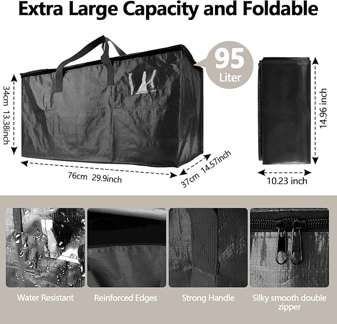 4 Pack Real 100lb Capacity Heavy Duty Moving Bags with Strong Zippers and Reinforced Handles, Extra Large Storage Totes for Packing & Moving Storing, Space Saving Alternative to Moving Boxes-95L,Black