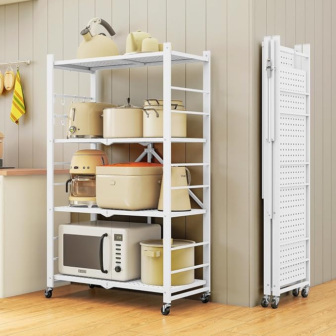 Fenbeli Foldable Shelves with Wheels - 4 Tier Folding Shelf, Collapsible No Assembly Metal Shelving Unit, Origami Storage Shelves & Rolling Storage Rack with 8 Hooks for Kitchen Pantry Garage