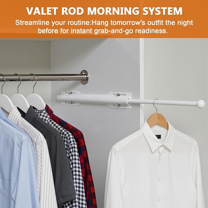 Valet Rod for Closet Pull Out, Rod for Bedroom Laundry Room Bathroom, White