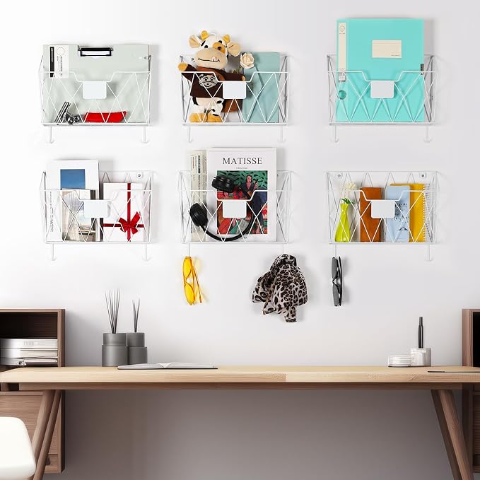 OYEAL Hanging Wall File Organizer, Vertical Wall Mounted Magazine File Holder with Hooks, 6 Pockets Mount Basket Mail Paper Holder for Office Home, White