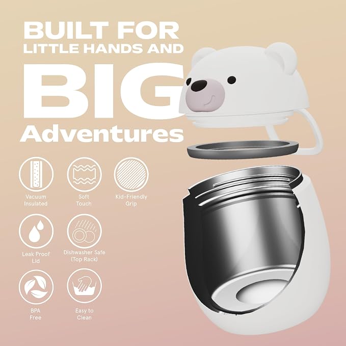 asobu Bestie Foodie Kids Insulated Food Jar – Cute Character Lunch Container for Children, BPA-Free Stainless Steel, Leakproof & Vacuum Sealed, Keeps Food Hot or Cold, Easy to Clean, 16oz