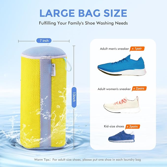 Large Shoe Washing Machine Bags for Sneakers & Tennis Shoes, Yellow 2-Pack | Large Shoe Laundry Bags fit Most Shoe Sizes, Durable Hidden Zippers Keep Shoes Secure, Washer/Dryer Safe for Less Scrubbing
