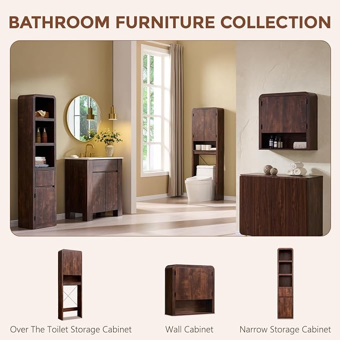 Over the Toilet Storage Cabinet, 69.69" Curved Bathroom Storage Organizer Cabinet with Doors and Adjustable Shelves, Wooden Free Standing Toilet Space Saver Rack, Brown