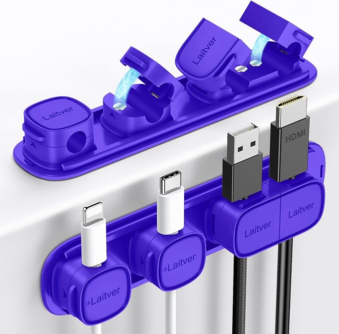 6 Pack Magnetic Cable Clips [1s Open/Lock], Cord Organizer Holder | Strong Adhesive Desk Cable Management- Organize Charging Cords Neatly for Home, Office, Car,Desk, Nightstand-Dark Blue