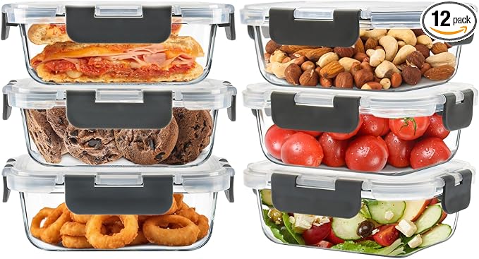 6pack 12oz Small Glass Meal Prep Containers with Airtight Lids | Perfect for Small Portions, Glass Food Storage Containers with Snap Lids, Freezer to Microwave Safe, Dishwasher Safe