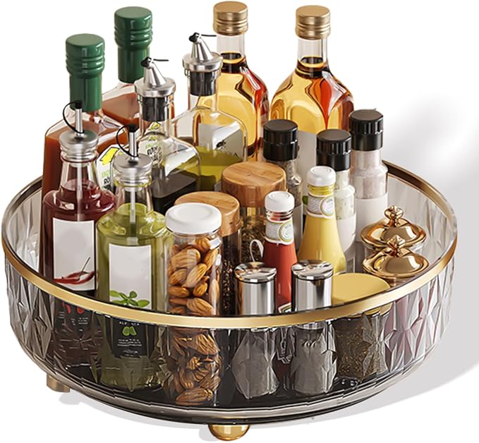 11-Inch Clear Lazy Susan, Non-Skid Rotating Storage Tray, Ideal for Kitchen Cabinets, Pantry, Refrigerator, Bathroom Countertop, Vanity Makeup Organizer, Spice Rack (Gray, 11Inch)