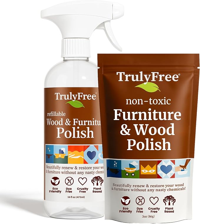 Truly Free Natural Wood Cleaner & Furniture Polish - Leather Cleaner, Vinyl, Furniture & Wood Polish, Helps Remove Water Stain, Unscented - 12 oz Reusable Empty Spray Bottle + One (3 oz) Fill Pack